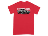 Red t-shirt with graphic of black 1977 Pontiac Trans Am and "Trans Am" text.