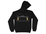 Black hoodie with graphic of a truck and text "LEGENDS NEVER DIE".