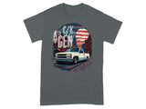 "4th Gen C/K" truck graphic with US flag and cityscape at sunset.