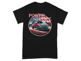 T-shirt with "Power Stroke" text, red truck, barn, and American flag graphic.