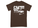 Brown t-shirt with white graphic of a GMT 400 Chevy truck.