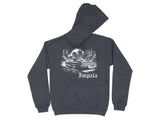 Dark grey hoodie with a graphic of a classic Impala car driving through a city street.
