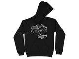 Black hoodie with white graphic of a lifted pickup truck and "Squarebody Life" text.