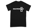 Black t-shirt with white "SQUAREBODY" text and geometric logo.