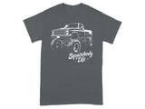 White outline of a lifted pickup truck on a charcoal t-shirt below text.
