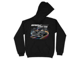 Black hoodie with graphic art of Apache Step Side truck and cityscape.