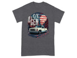 White C/K 4th Gen truck graphic with city and American flag background.