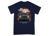 Dark blue t-shirt with a graphic of a truck under an American flag and "An American Legend."