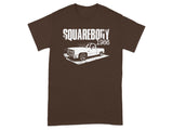 Brown t-shirt with white "SQUAREBODY 1986" text and a white pickup truck graphic.