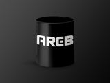 Black mug with white "AREB" logo on a dark background.