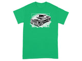 Black and white illustration of a lowered vintage pickup truck on a green t-shirt.