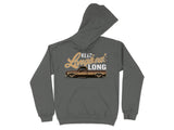 Brown lowered pickup truck with "KEEP Longbeds LONG" text on a gray hoodie.