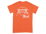 Orange t-shirt with lifted truck graphic and "OBSESSION" text.