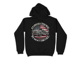 Black hoodie with a printed circular graphic of a truck and American flag.
