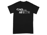 Black t-shirt with white C10 lettering and a C10 pickup truck graphic.