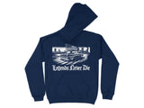 Navy hoodie with graphic of a truck flying an American flag and the text "Legends Never Die."