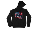 Black hoodie with a red truck graphic overlayed on an American flag and "POWER STROKE" text.