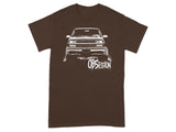 White graphic of lifted truck on brown t-shirt with "OBSESSION" text.
