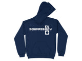 Navy blue hoodie with white "SQUREBODY" text and logo graphic.