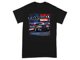 Black t-shirt with "FOXBODY AN AMERICAN LEGEND" graphic showing a car against an American flag.