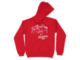 Red hoodie with a white graphic of a lifted square body truck and the text "Squarebody Life".