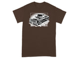 Black and white illustration of a lowered classic pickup truck on a white background.