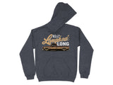 Dark grey hoodie with "KEEP Longbeds LONG" text and a lowered brown pickup truck graphic.