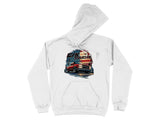 White hoodie with graphic of C/K trucks and American flag.