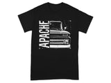 Black t-shirt with distressed white "APACHE" text and vintage truck graphic.