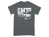 White graphic of a pickup truck with "GMT 400" text on a charcoal t-shirt.