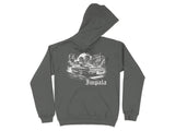 Grey hoodie featuring vintage Impala artwork with city buildings.
