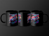 Three black mugs featuring a retro "Foxbody" car design with neon colors.