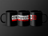 Three black mugs with "CHEYENNE SUPER I 10" text in white and red.