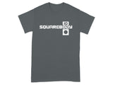 Dark grey t-shirt with white "10 SQUAREBODY" text and a small logo.