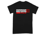 Black t-shirt with "CHEYENNE 10" above "SUPER" in red and white lettering.