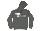 Grey hoodie with white C10 truck graphic and distressed text.