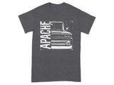 Dark grey t-shirt with front of vintage Apache truck graphic and text.