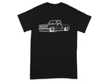 Black t-shirt with a white outline of a lowered classic pickup truck.