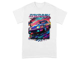White t-shirt with "FOXYBODY" text and a colorful retro car graphic.