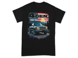 Blue pickup truck with "4th GEN" text and US flag over a moonlit landscape.
