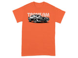 Orange t-shirt with black graphic of a Trans Am car and "TRANS AM" text.