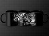 Three black mugs with white city and classic car illustrations and the word Impala.