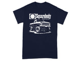 Navy t-shirt with white "Squarebody Nation" text and a lifted pickup truck graphic.