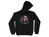 Black hoodie with a graphic of a red truck and American flag.
