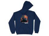 Navy hoodie featuring a black pickup truck against a distressed American flag sunset graphic and the text "When Stance is Everything Ruin It."