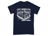 Navy t-shirt with "FIRST GENERATION 1960-1966" text and vintage truck graphic.