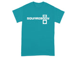 Teal t-shirt with white "SQUAREBODY 10" text and a white square with an asterisk inside.