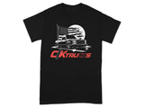 Black t-shirt with graphic of American flag, sun, and C/K TRUCKS logo.