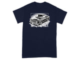 Black and white graphic of a lowered pickup truck on a brick pattern.