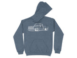 Blue hoodie with white line art of a lowered pickup truck.